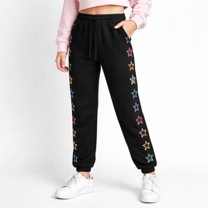 Paper Crane Black Rainbow Star Jogger Sweatpants Girls L Cute Lounge